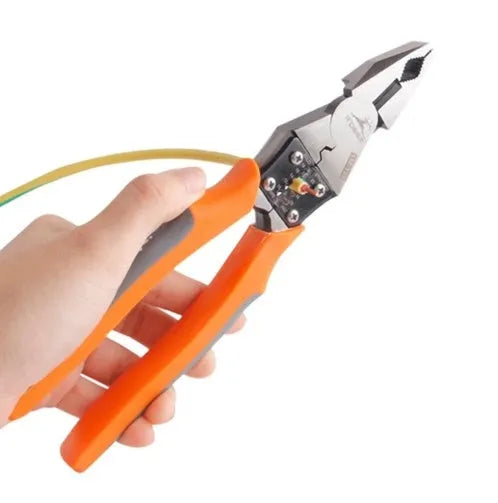 Orange 9-inch multi-function wire cutter pliers with textured PVC handles and alloy steel jaws.