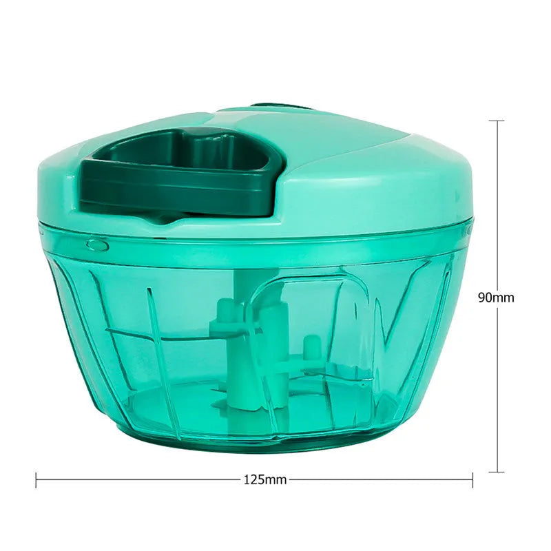 Green manual kitchen chopper with three blades and a 500ml transparent container.