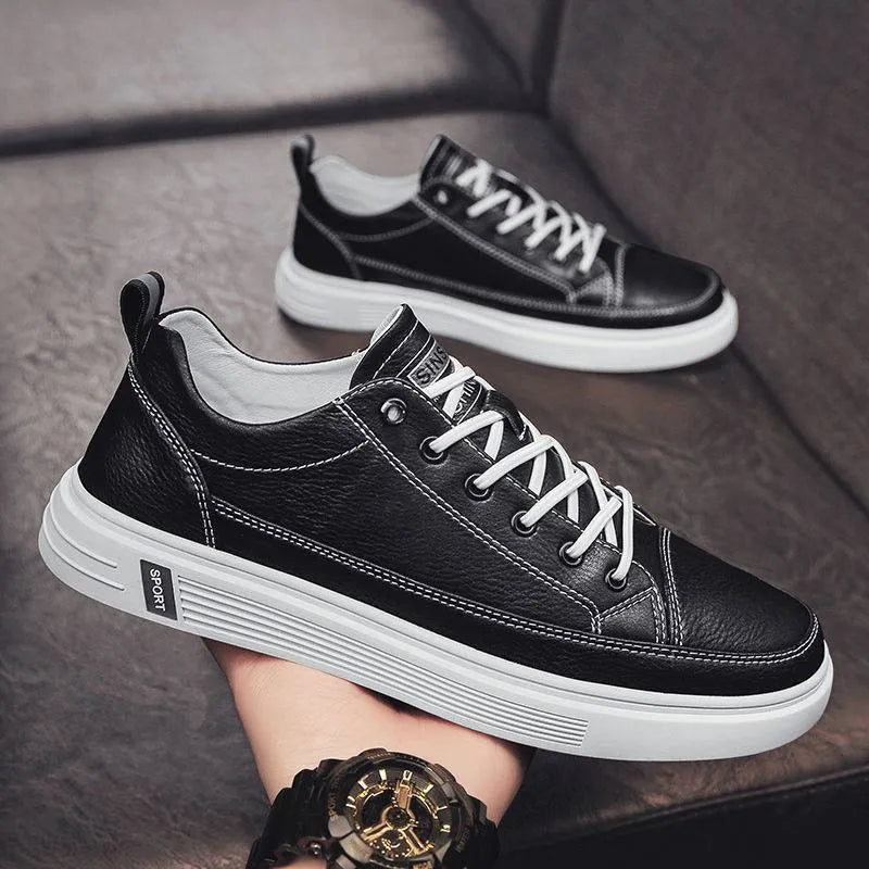 Men's casual PU leather shoes in beige, white, and black with flat sole and low heel