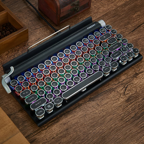 Black retro-style Bluetooth mechanical keyboard with backlight on wooden desk