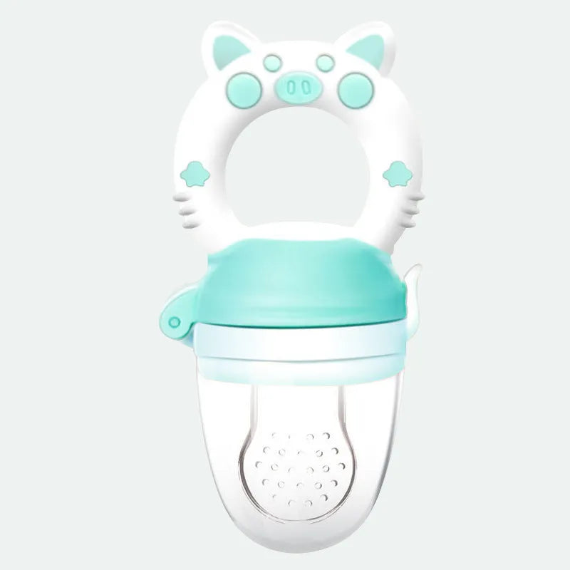 Soft BPA-free silicone baby teether in blue, green, or pink colour, shown in single and three-piece style options.