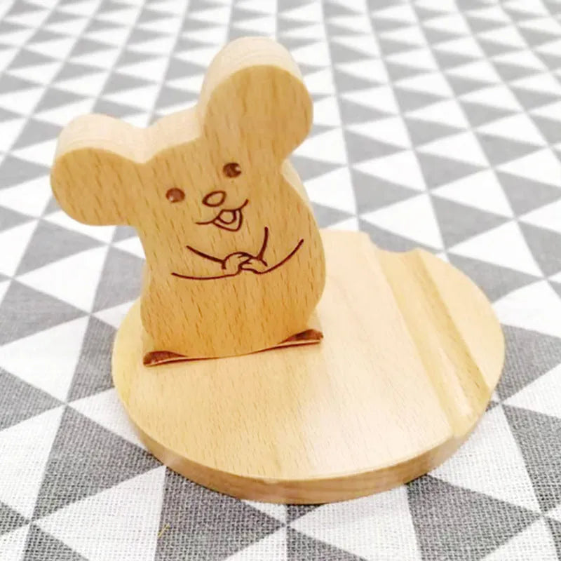 Resin mobile phone holder with beech wood animal design and coin storage compartment