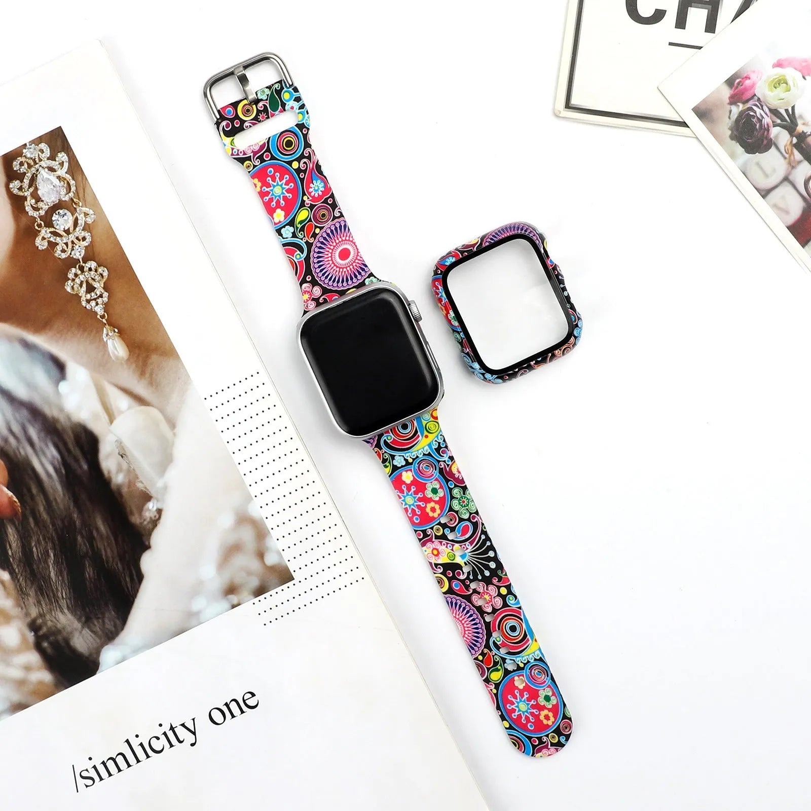 Printed silicone watch strap for Apple Watch showing various design options