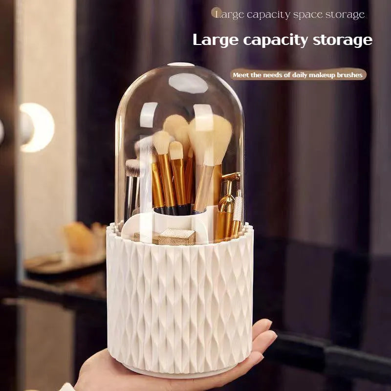 White rotating acrylic makeup brush storage box with transparent lid and split compartments