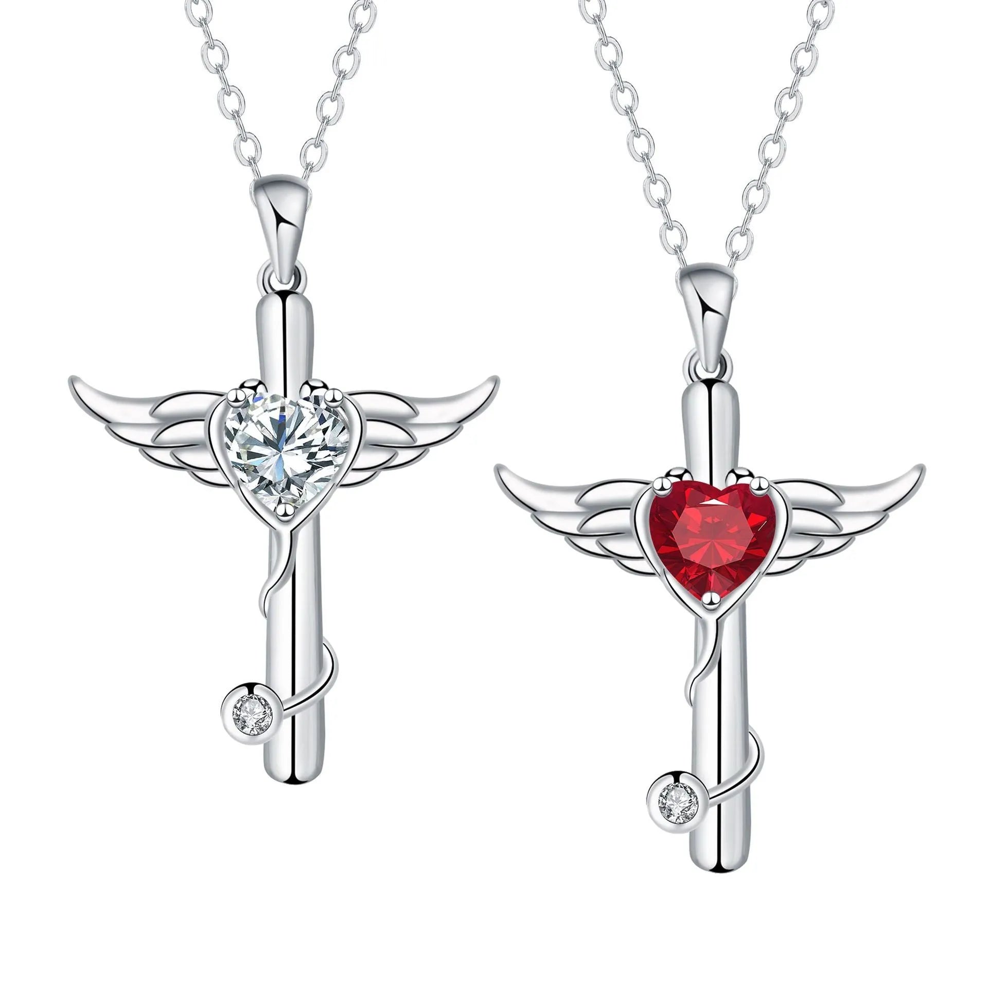 Sterling silver electroplated cross stethoscope necklace with wing design pendant and diamond crystals