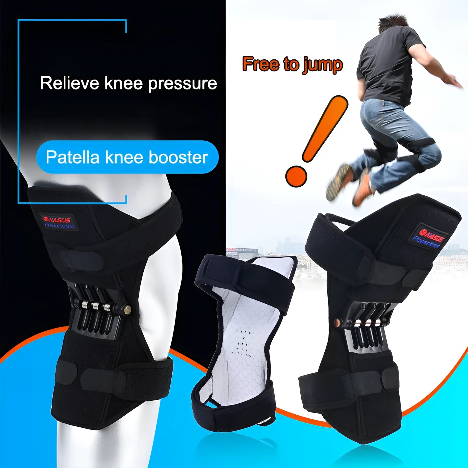 Adjustable spring knee brace support for patella, shown in black colour.