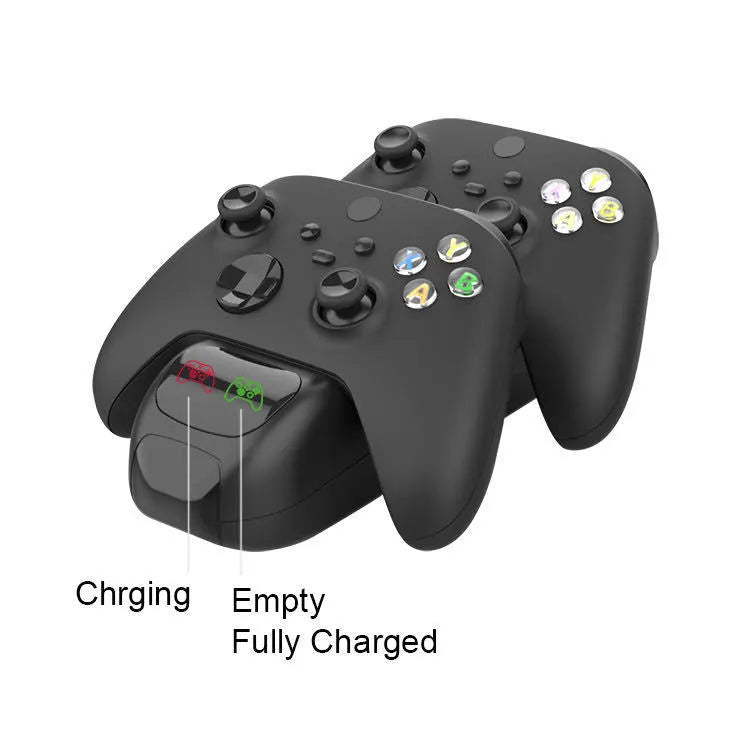 Black Xbox Series X dual controller charging station with LED indicators and two battery packs