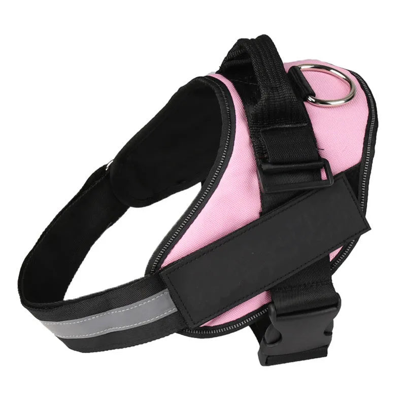 A reflective adjustable no-pull dog harness in a vest style, shown on a dog with a personalised patch.