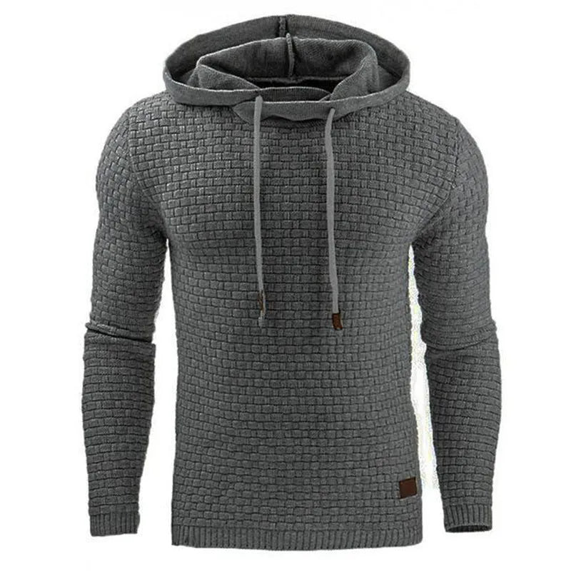 A men's hoodie sweater in a cotton-polyester blend, shown in one of nine available colours including black, navy, or grey.