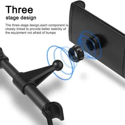 Black car phone holder mounted on vehicle rear seat base with tablet device secured in place