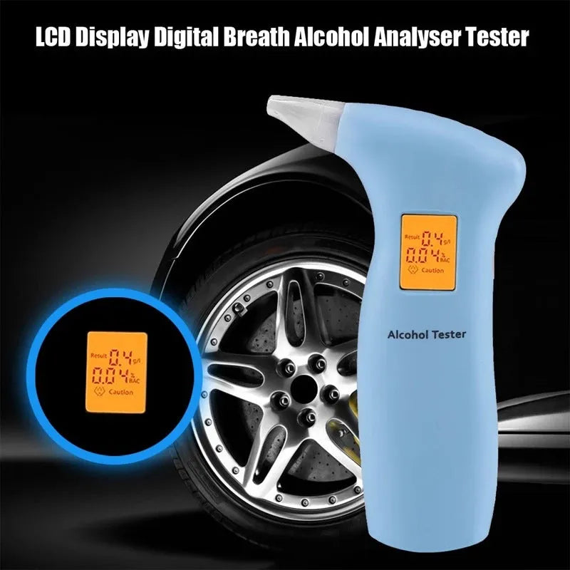 Portable orange light breath alcohol tester with replaceable mouthpieces in black and blue colour options