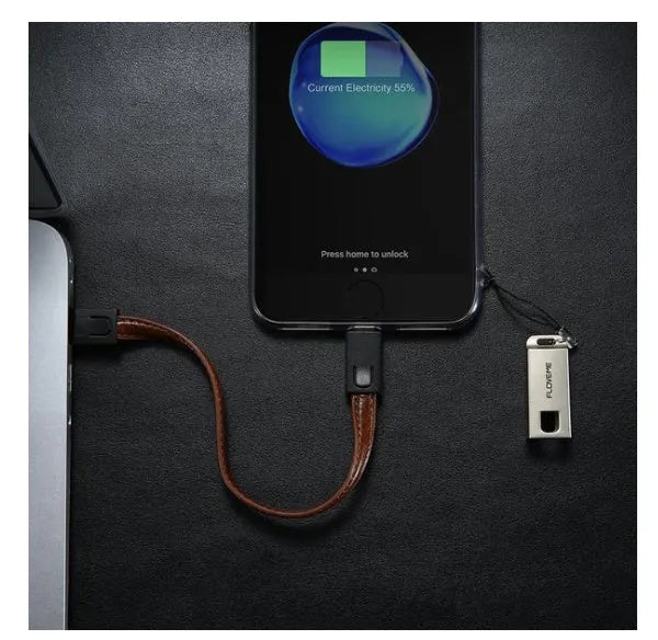 Short 20cm leather-finish USB charging cable with Apple Lightning connector in three colour options