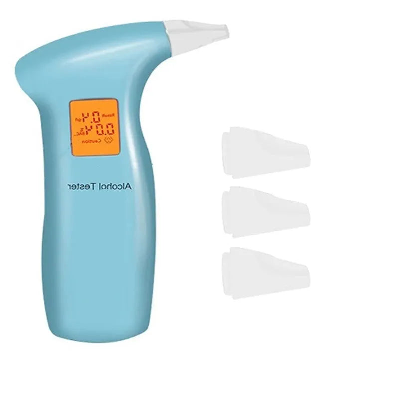 Portable orange light breath alcohol tester with replaceable mouthpieces in black and blue colour options