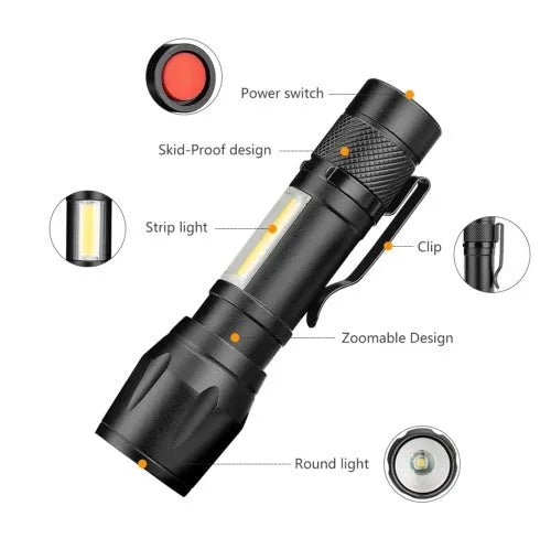 Mini black aluminium LED torch with telescopic zoom and clip for carrying