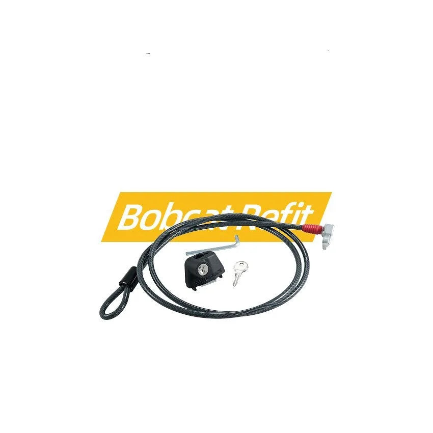 Roof platform steel cable lock with plastic sheath shown securing a ladder, highlighting no-punch installation.