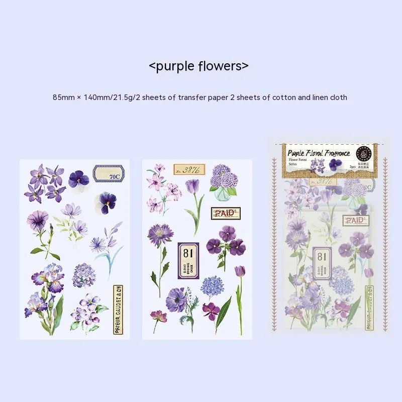 Huazhisen Series forest art style sticker pack showing 85x180mm transfer paper sheets with floral and forest designs