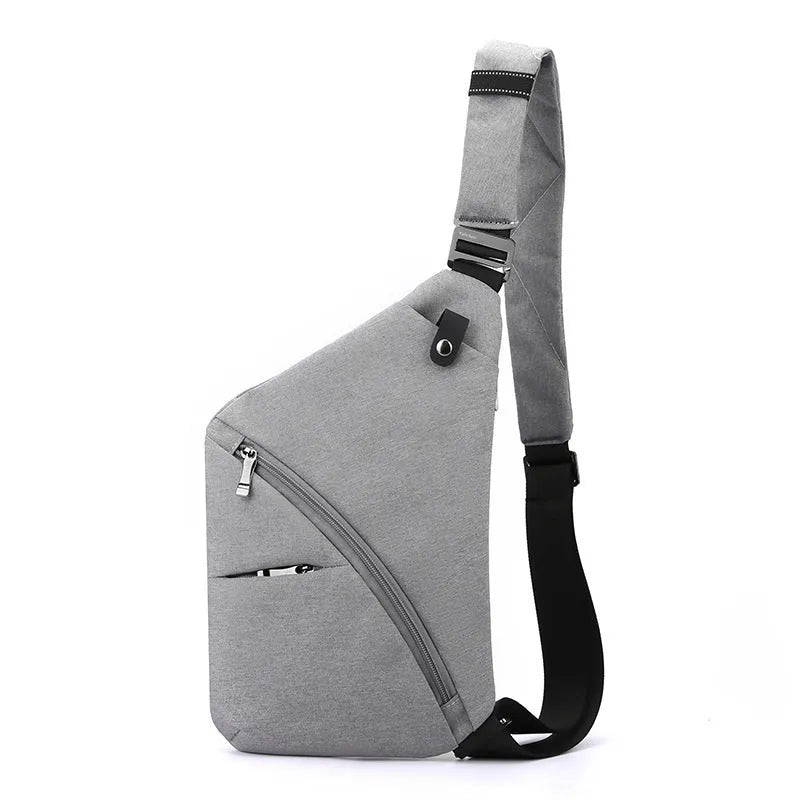 Men's grey oxford cloth chest bag with letter detailing worn on right shoulder