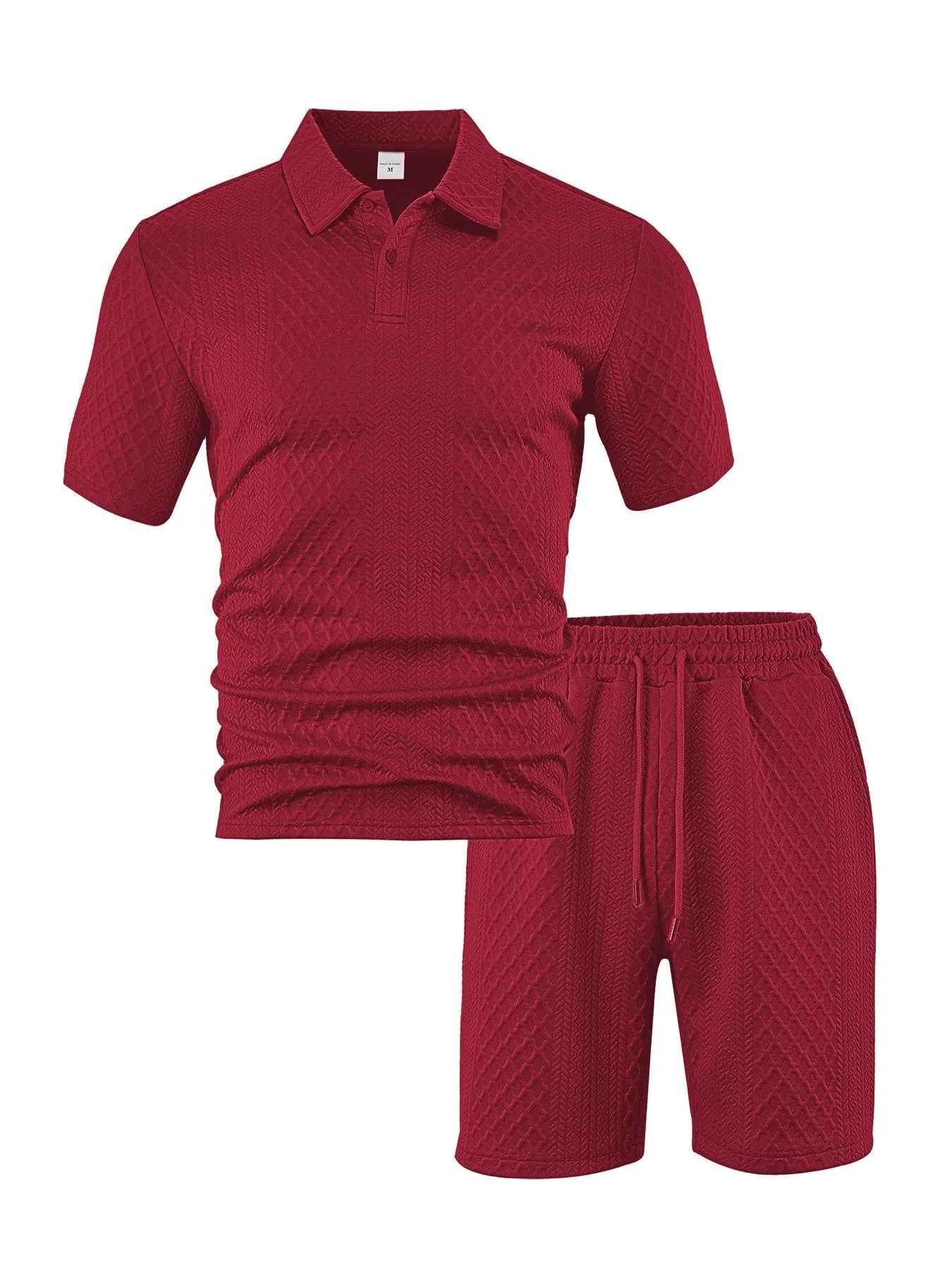 Men's thin figured cloth short sleeve casual suit in navy blue, showing Polo shirt top and trousers