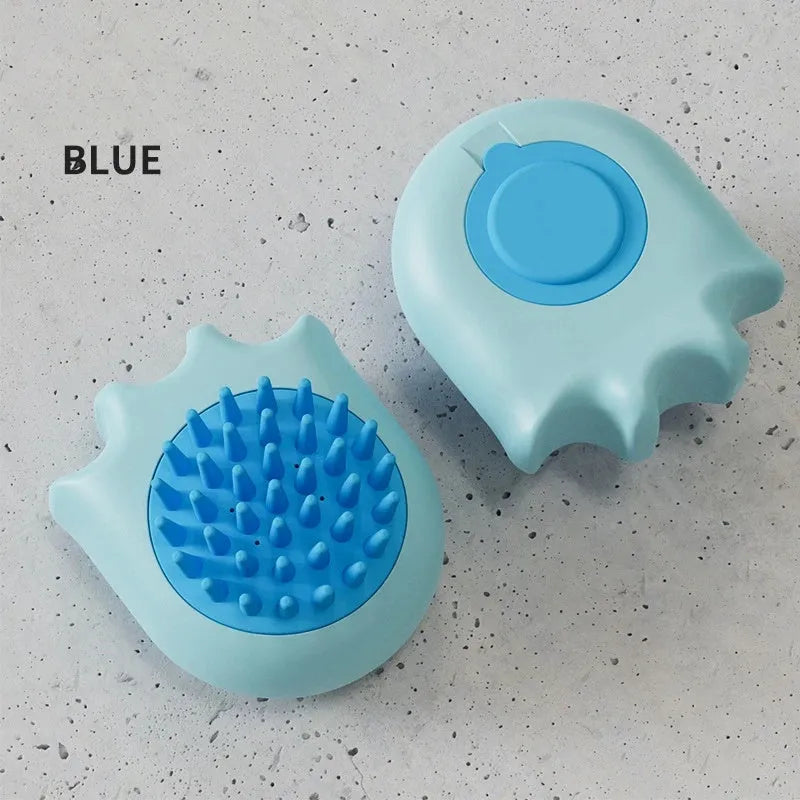 Pet bath brush with shampoo compartment in blue, orange or yellow colours