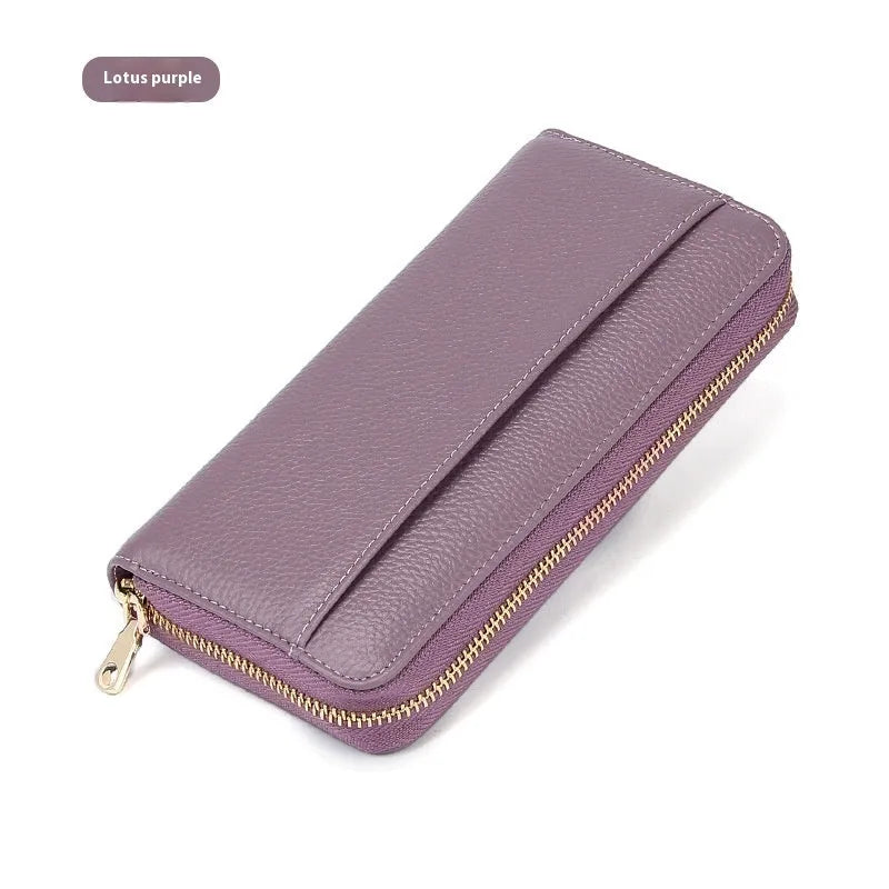 Women's genuine leather long wallet in solid colour with large capacity and anti-theft card swipe