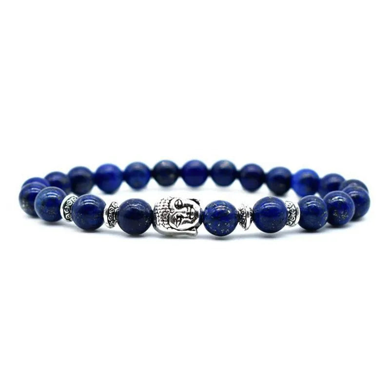 Handcrafted unisex bracelet with a 19mm Buddha head bead in amethyst, tiger eye, black agate, pink crystal, or green gold.