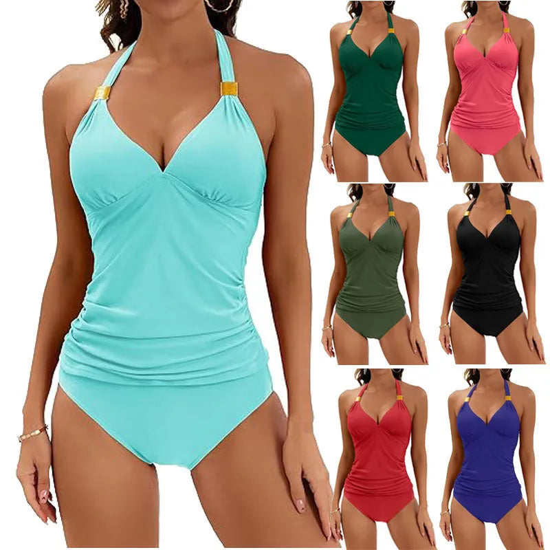 Women's solid colour halter neck two-piece swimsuit with tie-side bikini bottoms