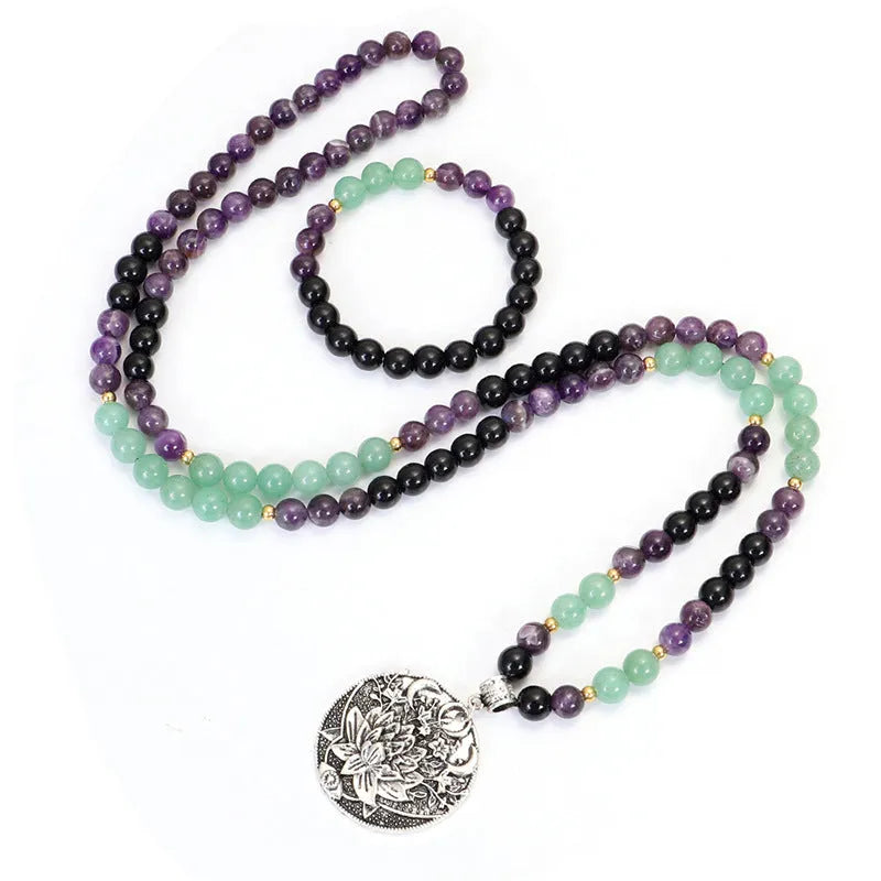 Yoga lotus pendant necklace and matching bracelet set with stone beads and adjustable length
