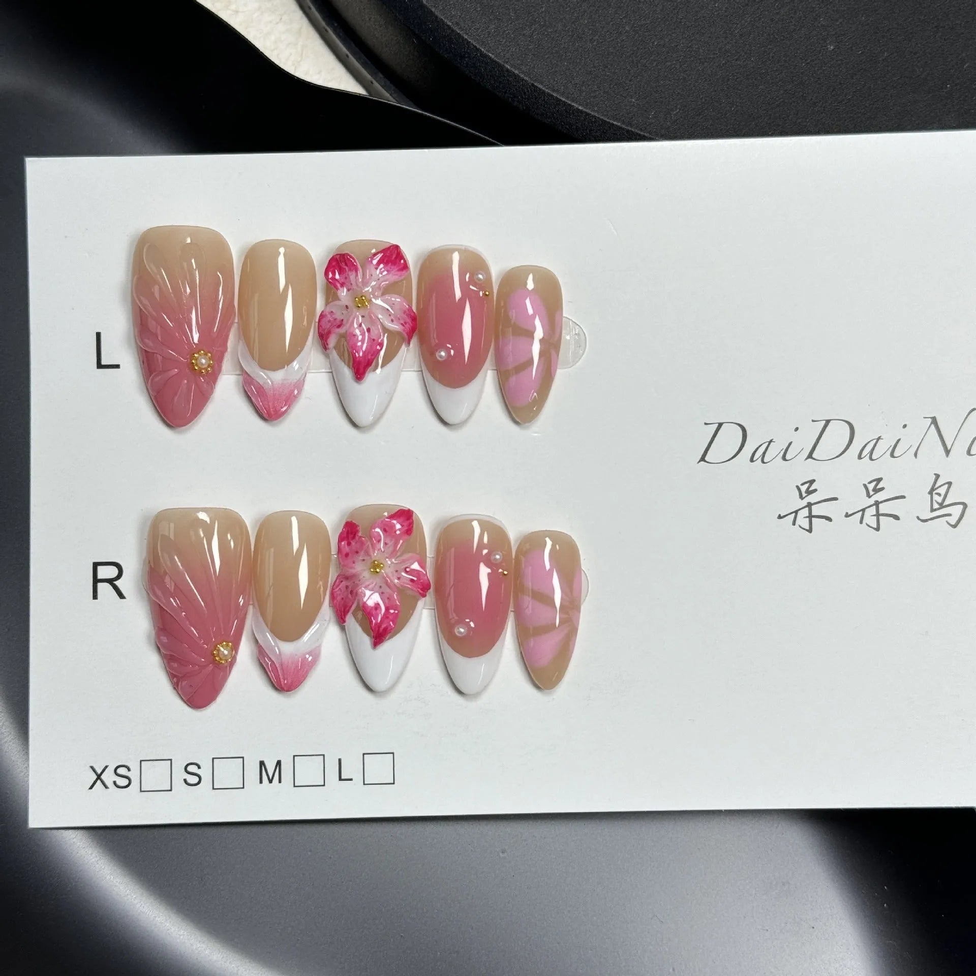 French style manicure plastic wearable armour with three-dimensional lily ice flower design in almond style