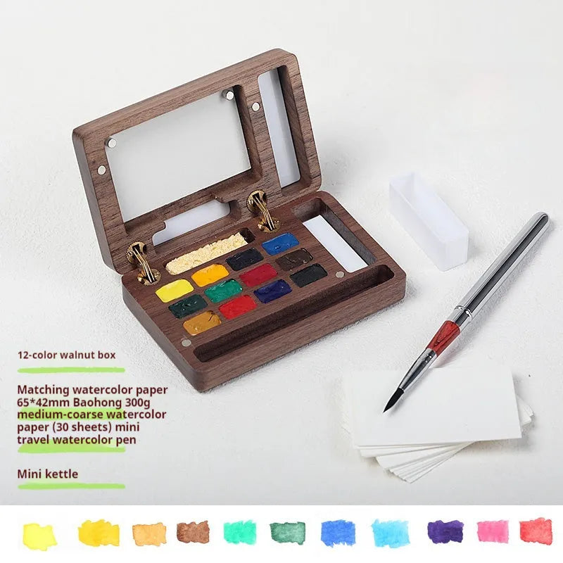 Mini walnut wooden watercolour paint box with included professional paint set for portable art supplies