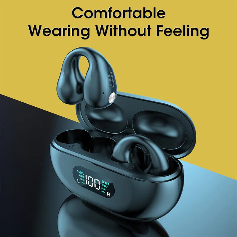 Bone conduction Bluetooth headset clip in black, white, or khaki colours with ear clip design