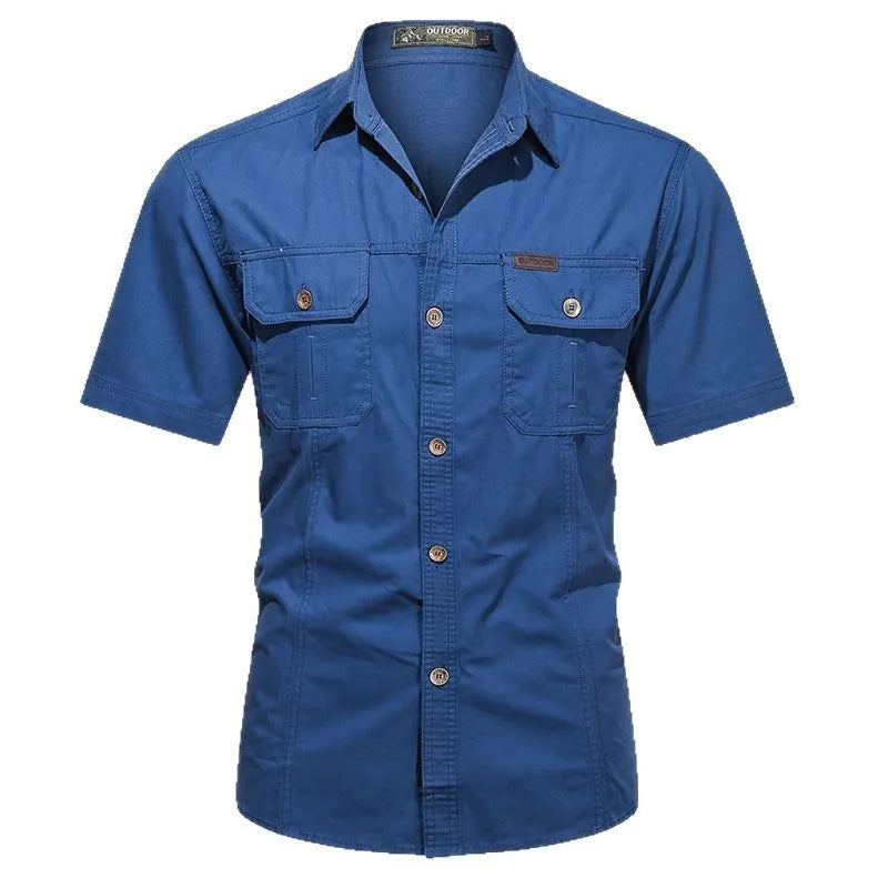 Men's loose fit cotton short sleeve work shirt in cardigan style on a hanger