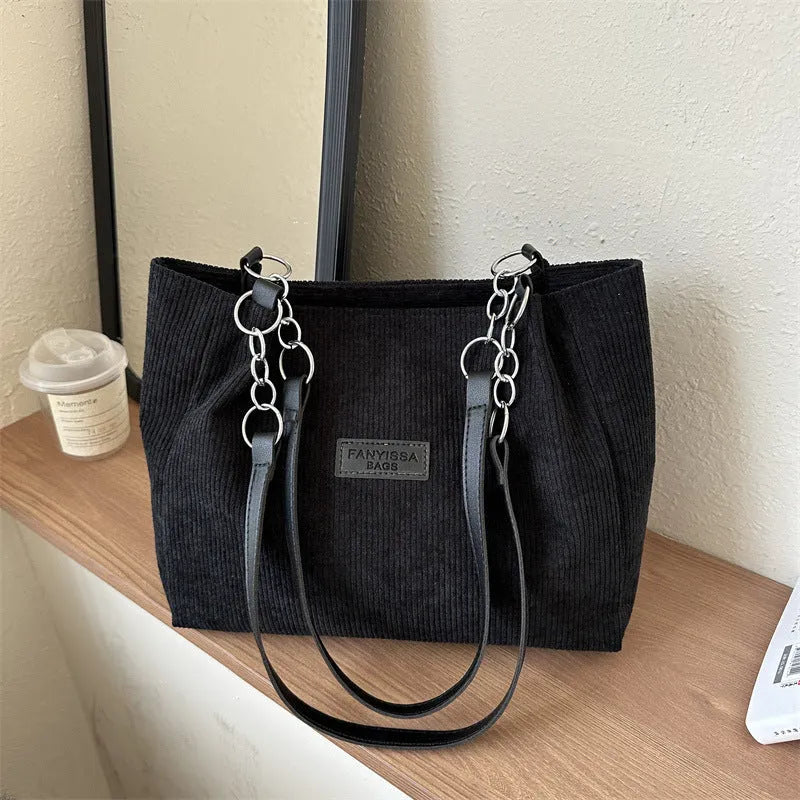 Corduroy one-shoulder tote handbag with large capacity and horizontal square design