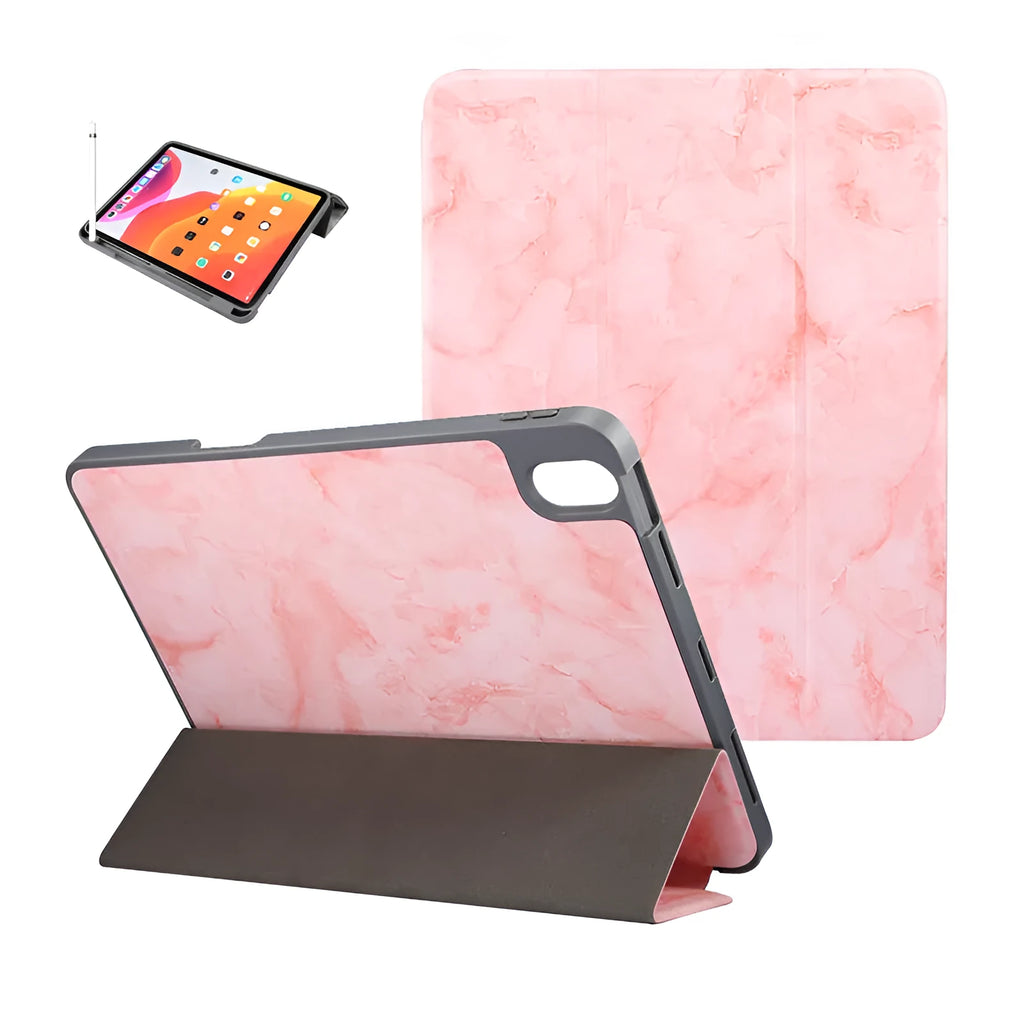 Tri-fold marbling imitation leather iPad case with a visible Apple Pencil slot, shown in dark grey.