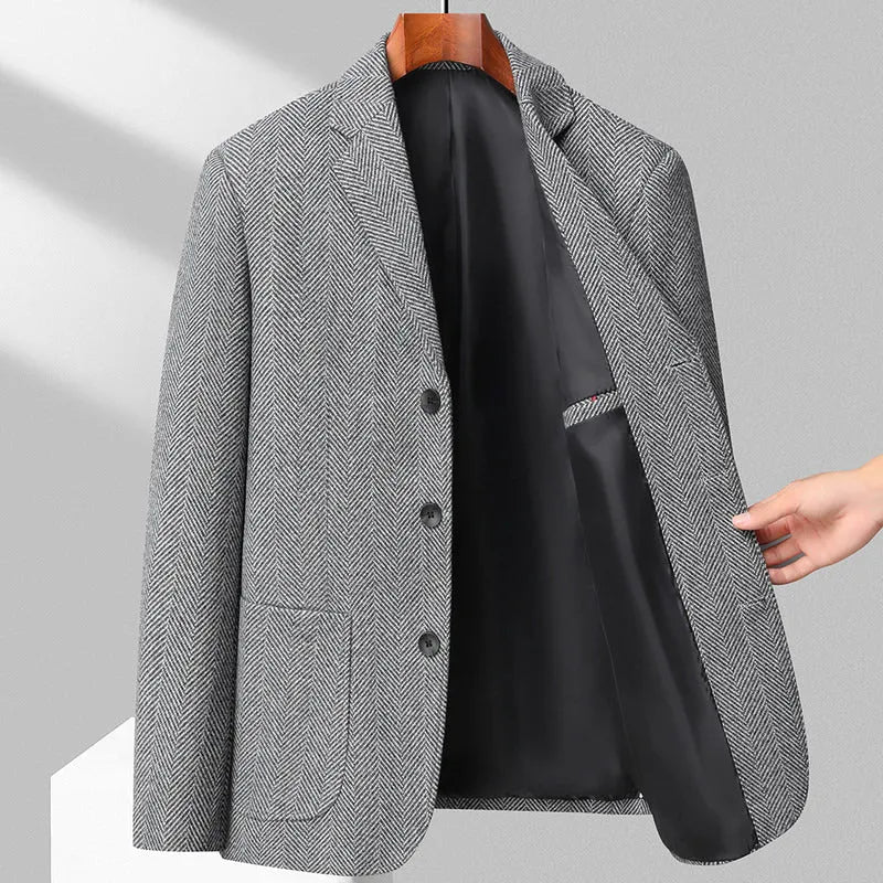 Men's simple style loose fit wool blend coat shown in a solid colour for spring and autumn.