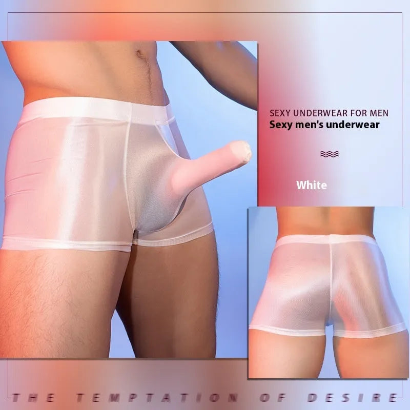 Men's red boxer shorts with a seamless nylon build and a printed elephant nose design on the front.