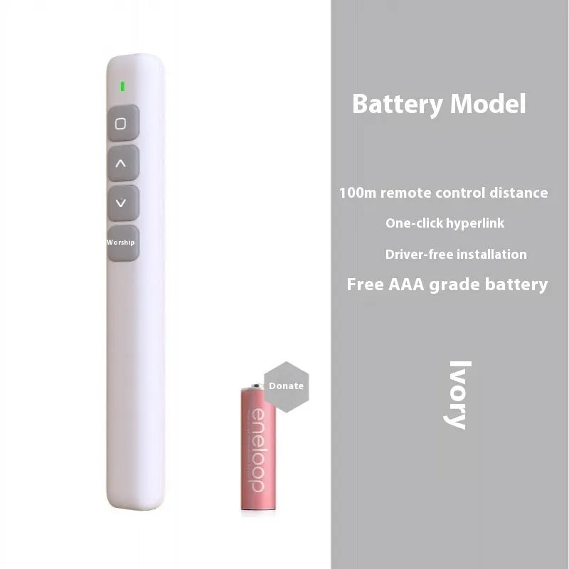 A black, white, or pink remote control pen for presentations with a laser pointer and digital annotation functions.