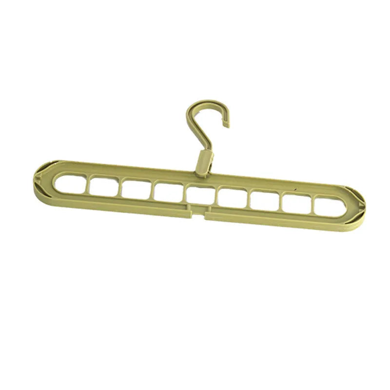 Multifunctional plastic nine-hole folding hanger for trousers, shown in beige, blue, green, pink, and grey colour options.