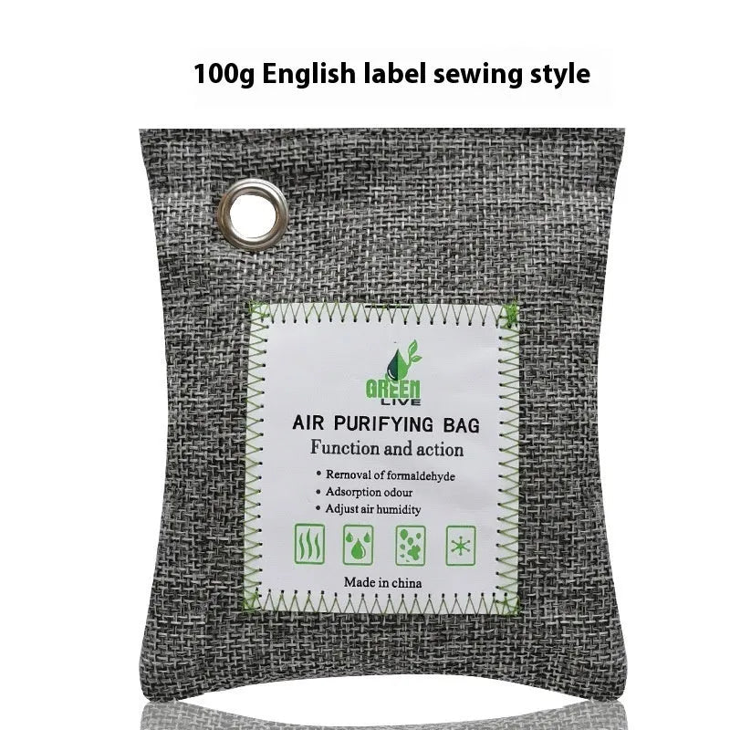 A sewing-style fabric bag filled with bamboo charcoal for formaldehyde removal and air freshening.