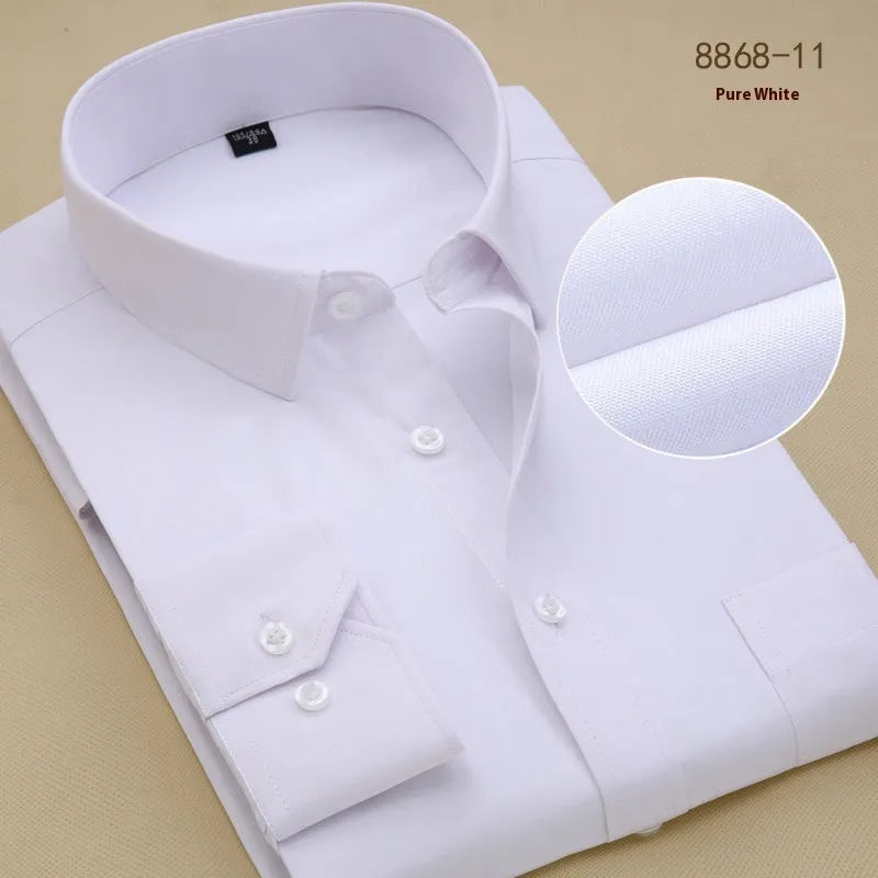 Men's black slim fit cotton business shirt with cardigan collar on a hanger