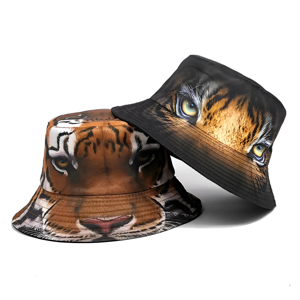 Khaki tiger print polyester bucket hat with dome crown on a neutral background