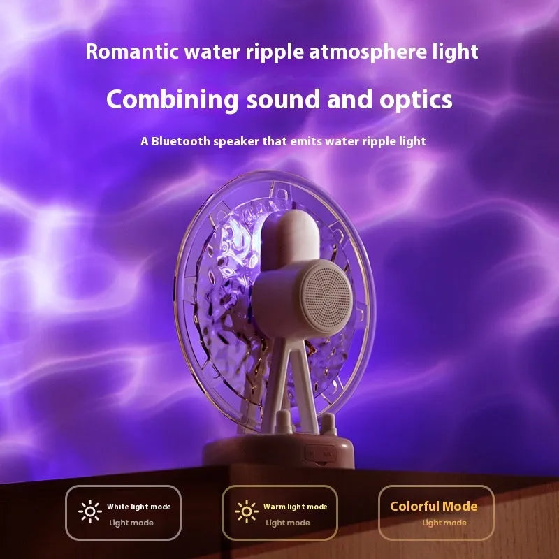 White and pink Ferris Wheel shaped Bluetooth speaker with colourful water ripple LED atmosphere lighting.