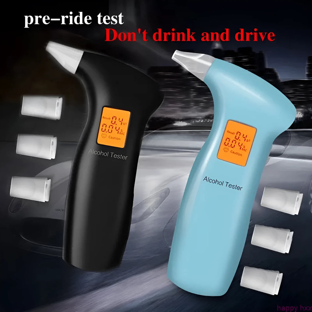 Portable orange light breath alcohol tester with replaceable mouthpieces in black and blue colour options