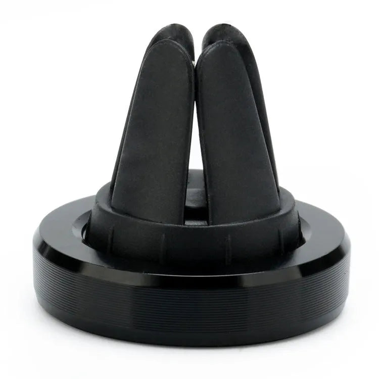 Magnetic car air vent phone holder in black mounted on vehicle vent with smartphone attached