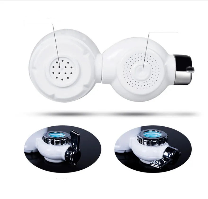 White plastic faucet-mounted water filter with ceramic cartridge and tap adapters
