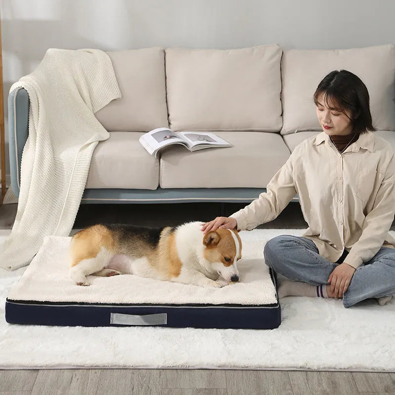 Brown removable washable memory sponge dog mat for pets showing size options.