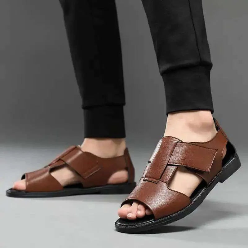 Men's black casual cowhide sandals with open toe and rubber sole