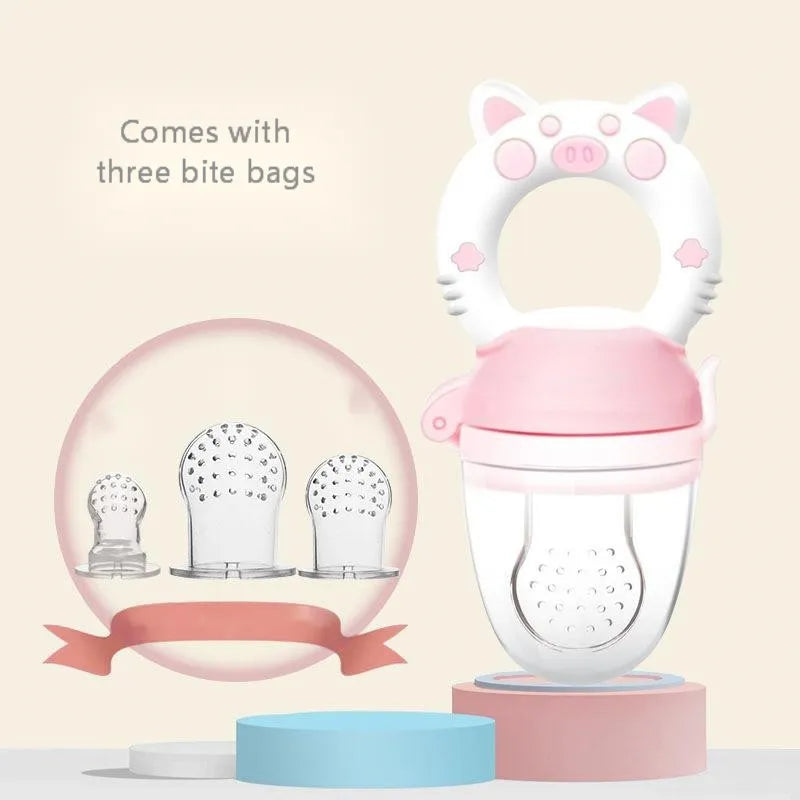 Soft BPA-free silicone baby teether in blue, green, or pink colour, shown in single and three-piece style options.