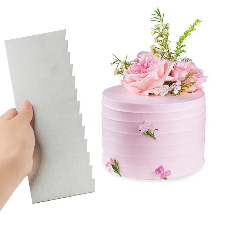 Stainless steel cake scraper with polygon patterns for buttercream texturing