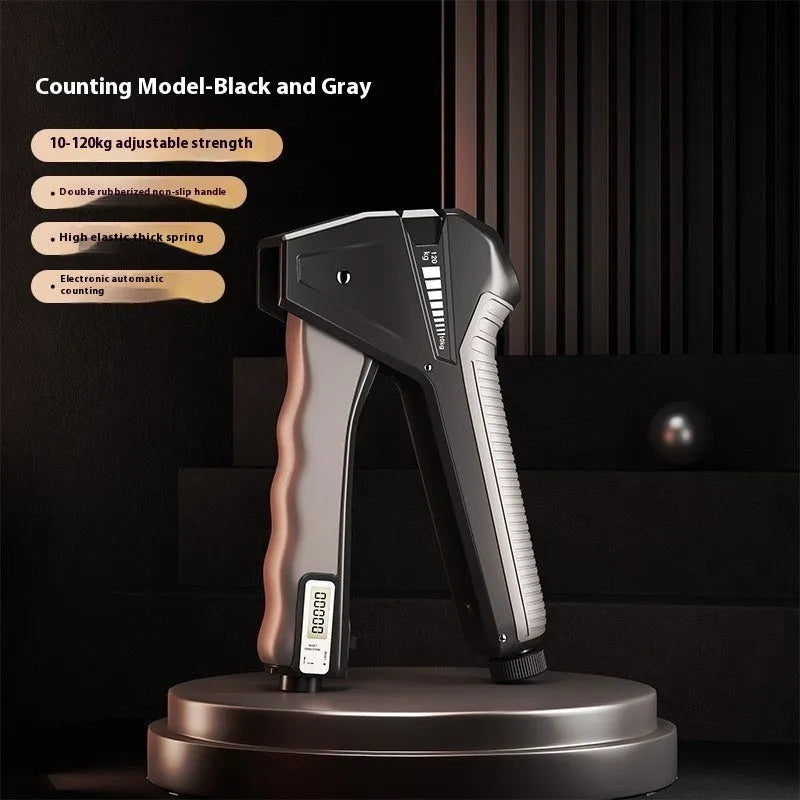 Adjustable hand gripper with mechanical counter showing 5-60kg resistance range in multiple colour options