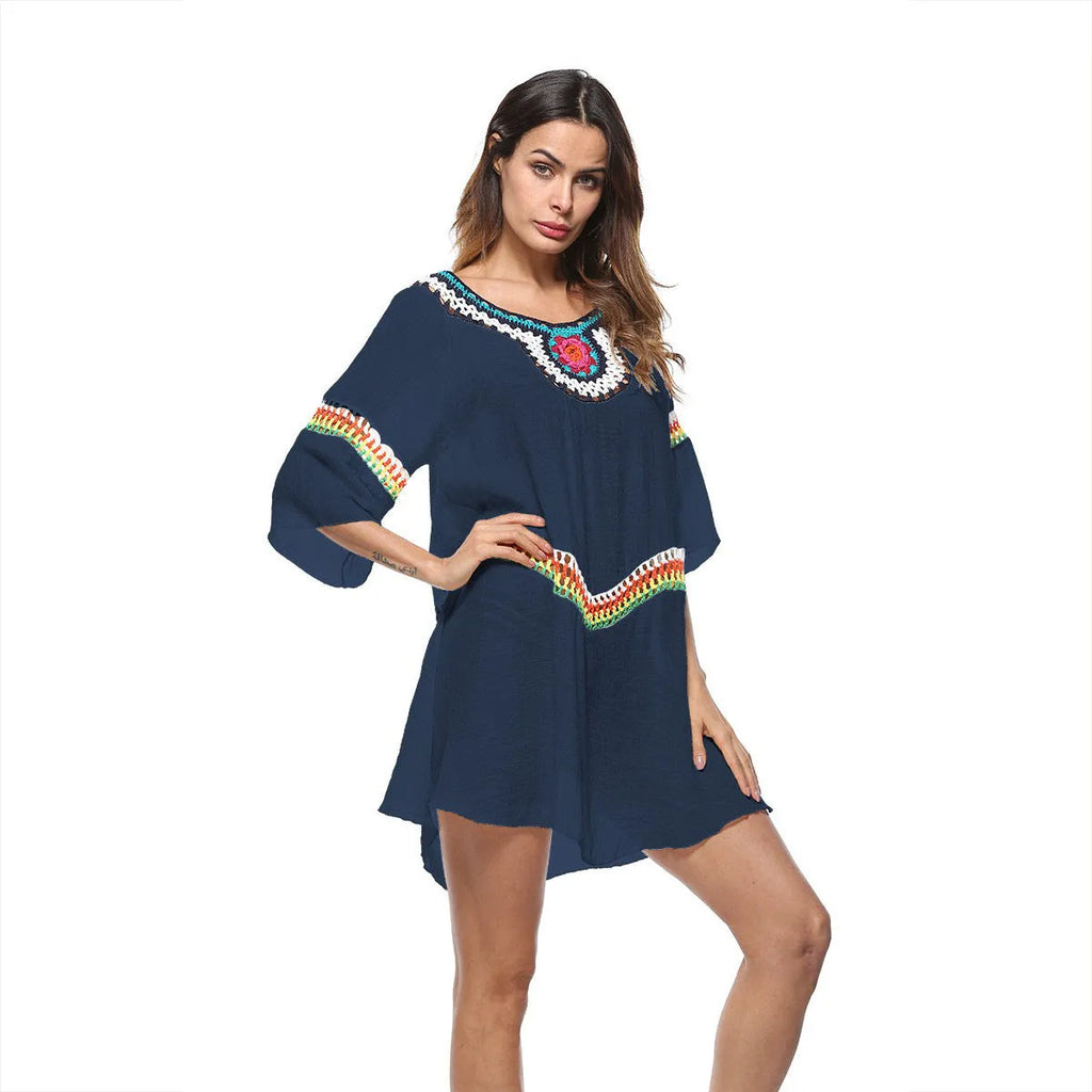 Crocheted ethnic style beach sun protection clothing for women in white, black, blue or apricot